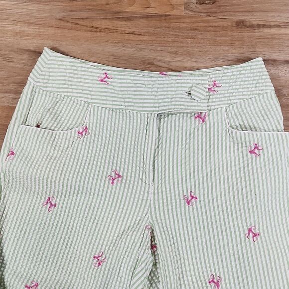 🔹️Details by Buschwacker Green Seersucker w/Pink Monkeys Capri Pants Size 8 - Picture 5 of 10